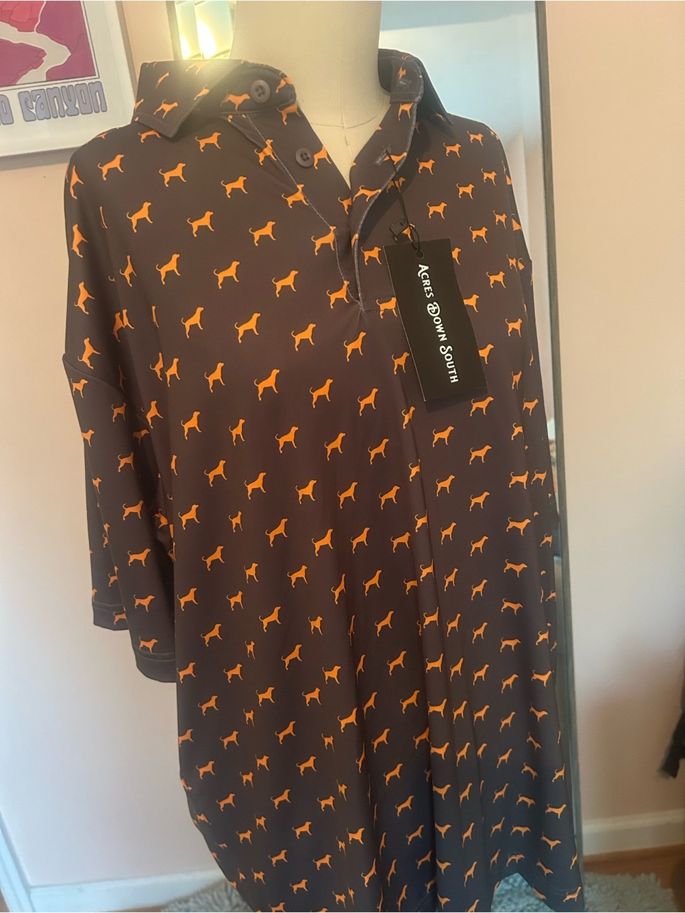Acres Down South Brown Men’s Polo shirt with Orange Lab Dog Print- NWT